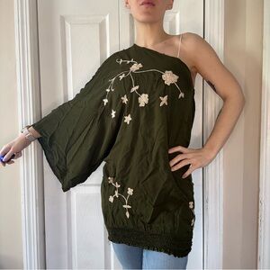 Olive Green One-Shoulder Embroidered Tunic